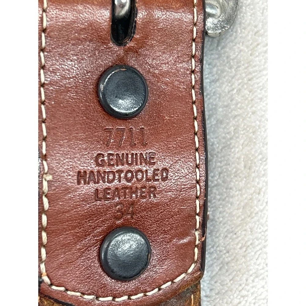 Leather Belt Unisex 34 Brown Handtooled Western Turquoise Concho Silver Buckle